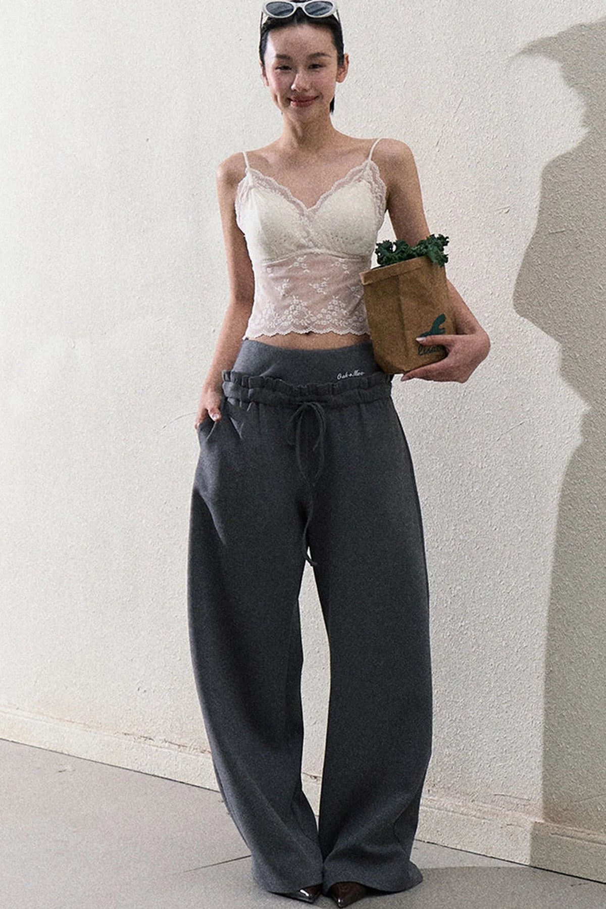 Liquid Cotton Ruffle Wide-Leg Pants
