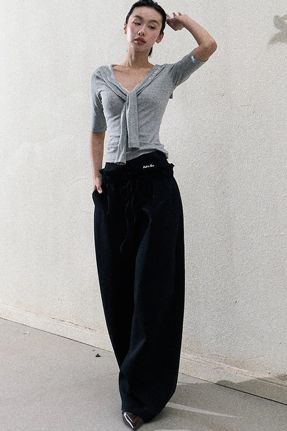 Liquid Cotton Ruffle Wide-Leg Pants