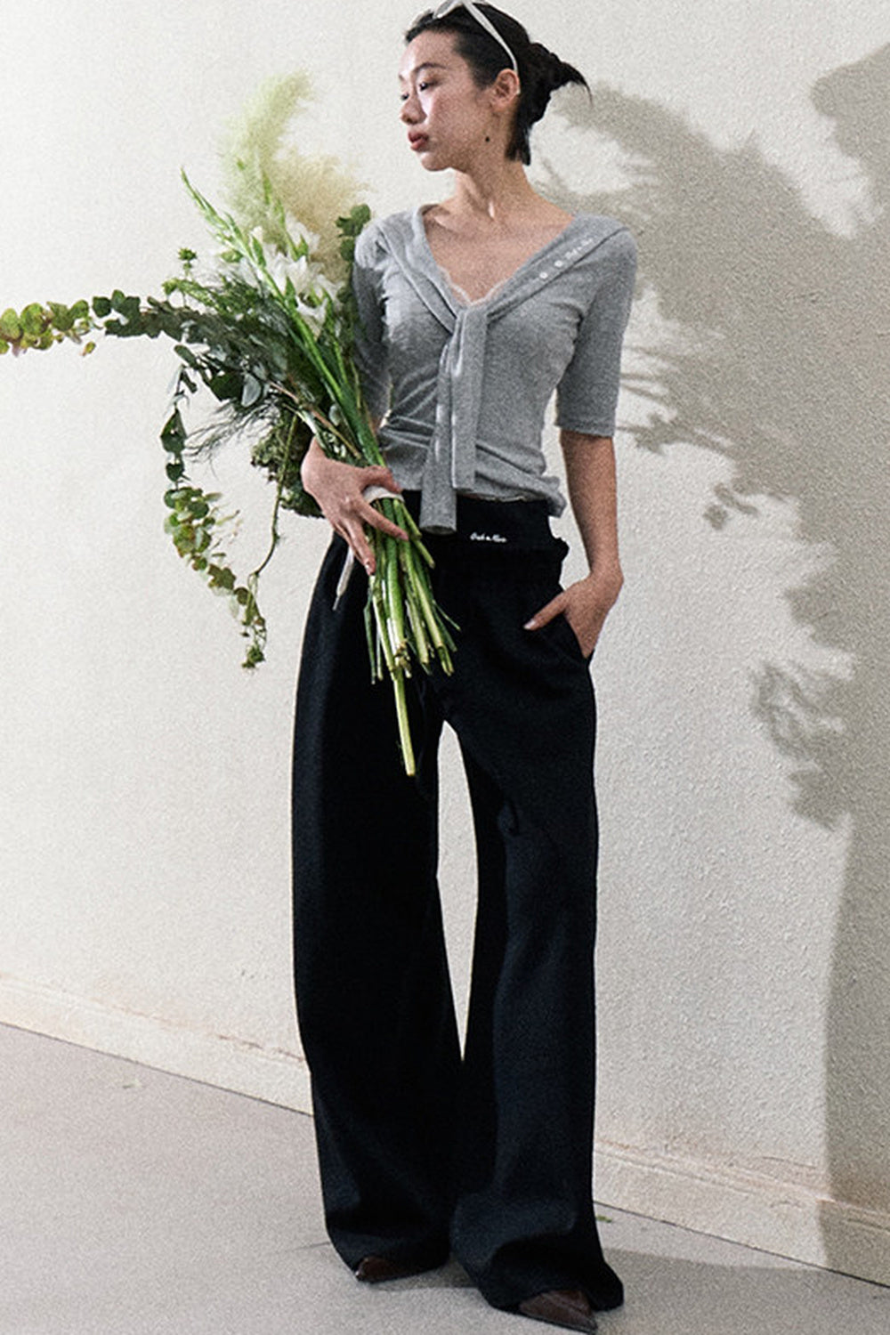 Liquid Cotton Ruffle Wide-Leg Pants