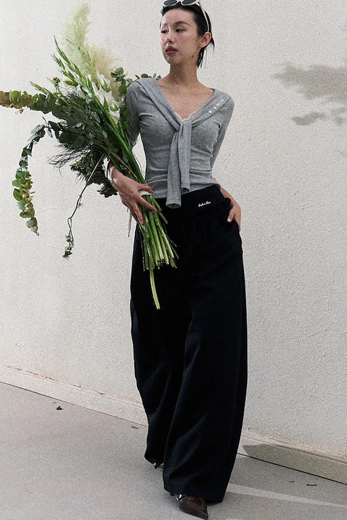 Liquid Cotton Ruffle Wide-Leg Pants