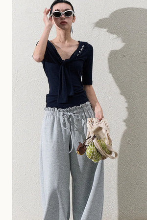 Liquid Cotton Ruffle Wide-Leg Pants