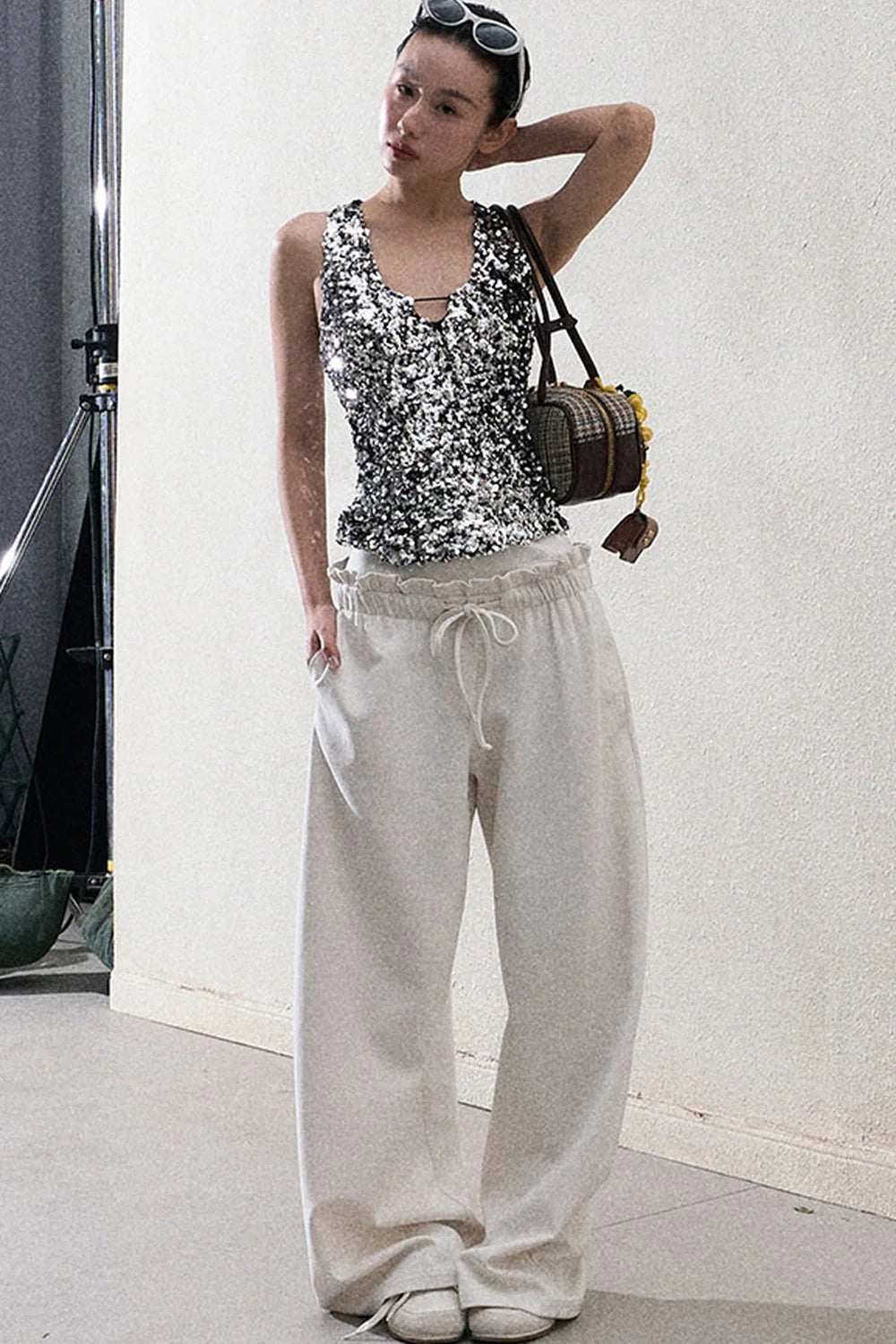 Liquid Cotton Ruffle Wide-Leg Pants