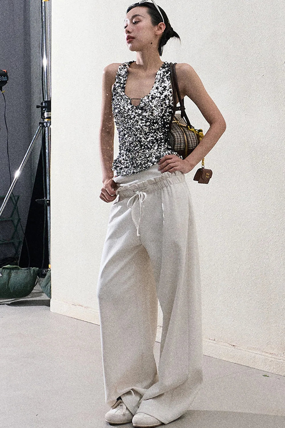 Liquid Cotton Ruffle Wide-Leg Pants