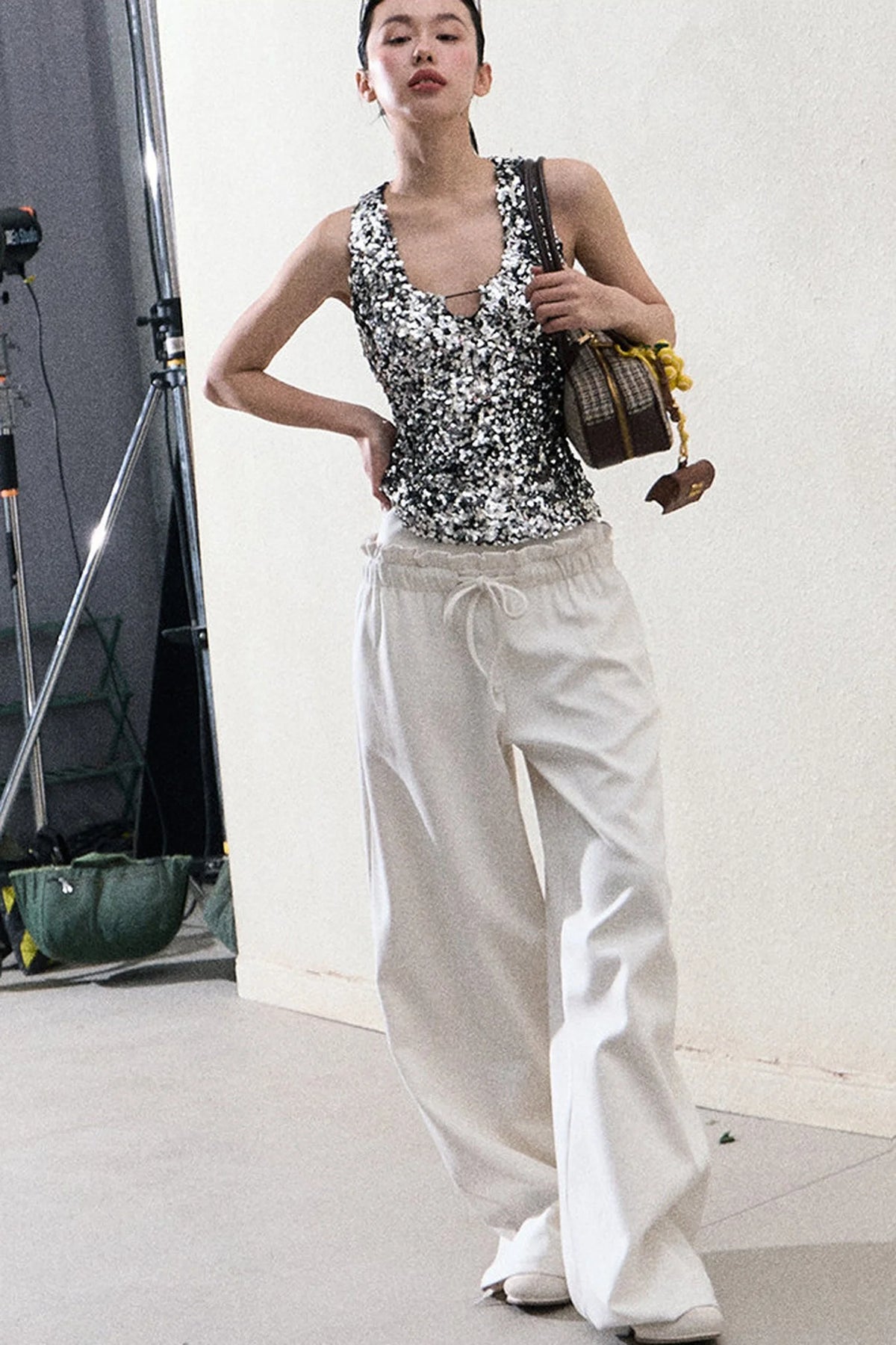 Liquid Cotton Ruffle Wide-Leg Pants