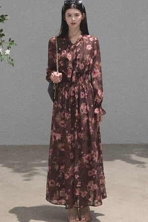 Long Sleeve Chiffon Floral Tie Waist Dress