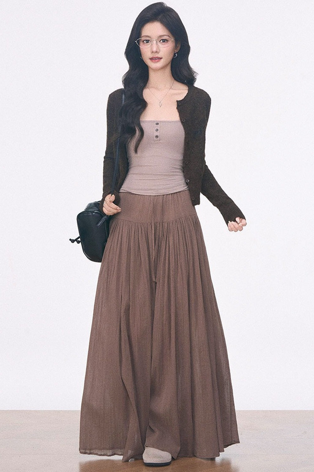 Long-Sleeve Hollow-Out Knit Cardigan and Camisole Set with Skirt Pants Set-Up