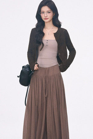 Long-Sleeve Hollow-Out Knit Cardigan and Camisole Set with Skirt Pants Set-Up