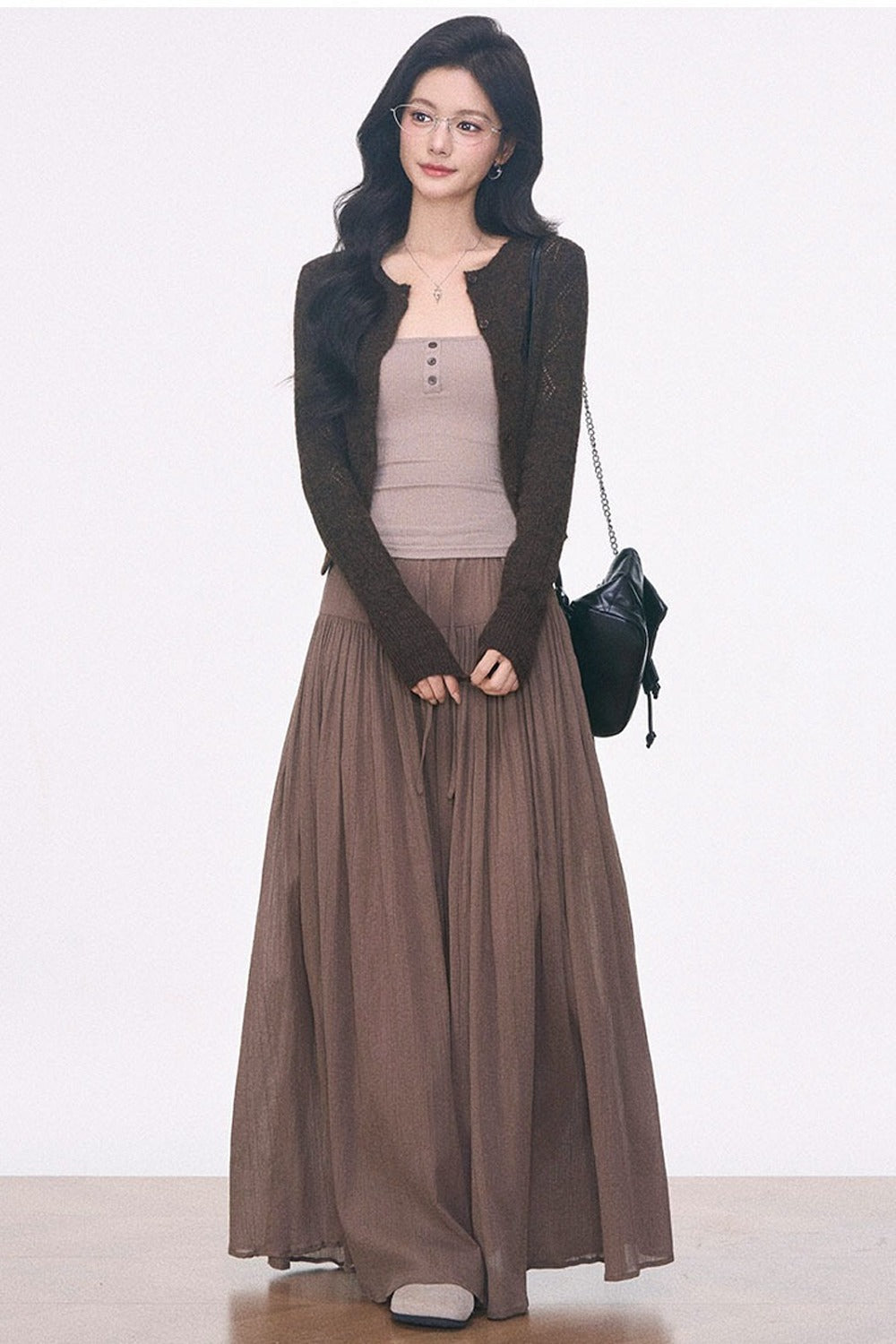Long-Sleeve Hollow-Out Knit Cardigan and Camisole Set with Skirt Pants Set-Up