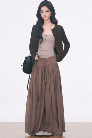 Long-Sleeve Hollow-Out Knit Cardigan and Camisole Set with Skirt Pants Set-Up