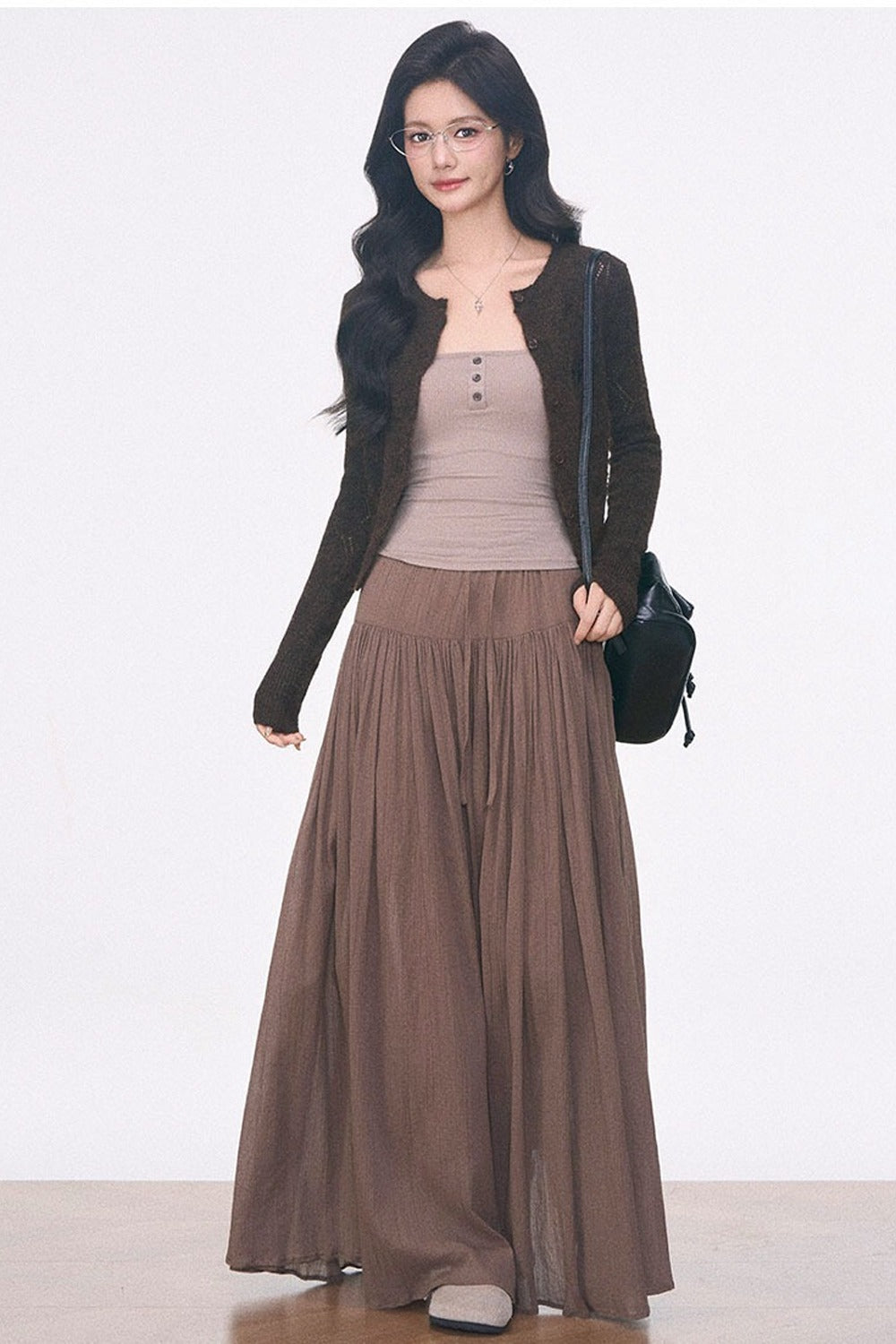 Long-Sleeve Hollow-Out Knit Cardigan and Camisole Set with Skirt Pants Set-Up