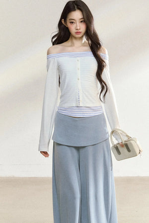 Long Sleeve Off Shoulder Top and Wide Pants Set-Up