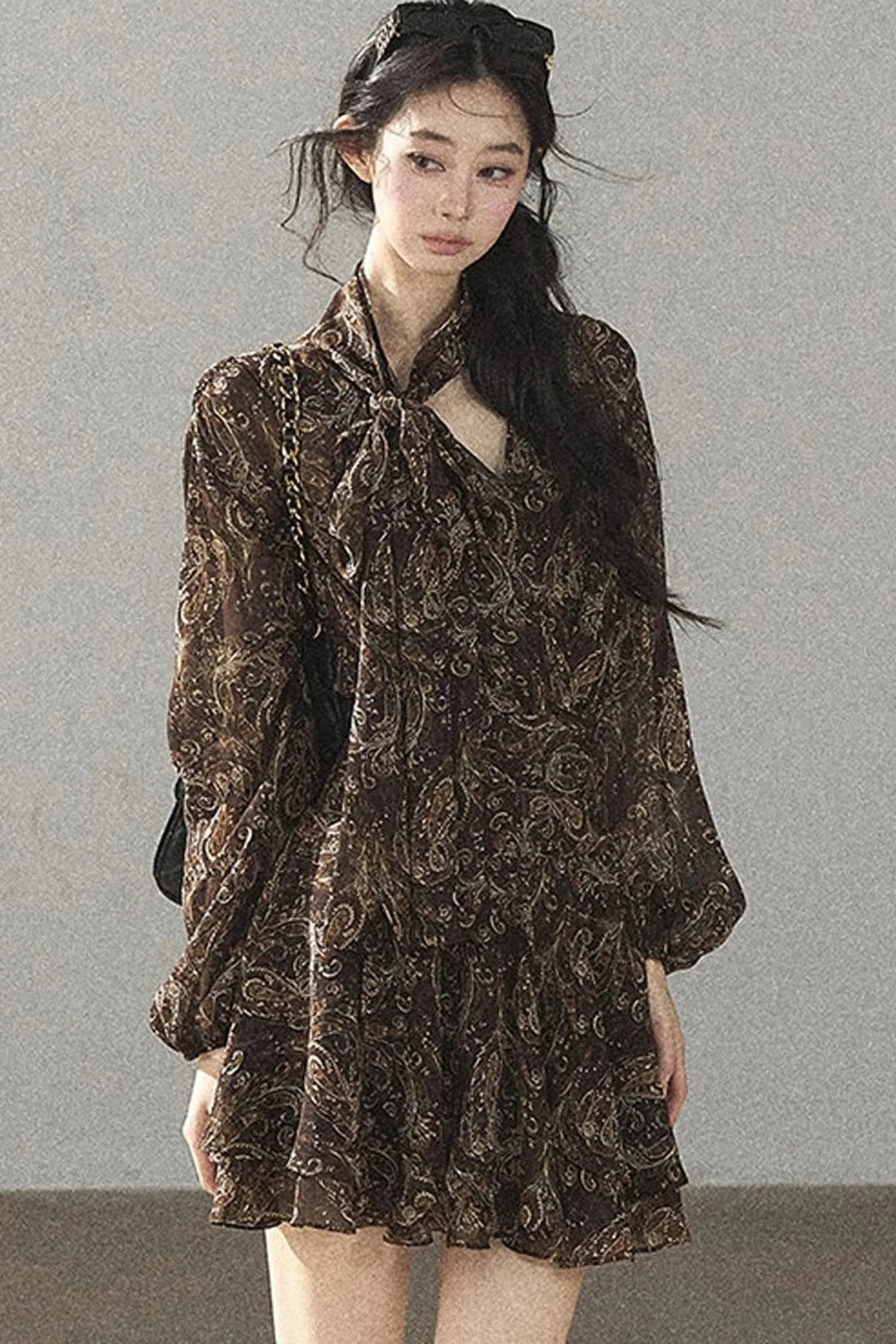 Long-Sleeve Puffy Chiffon Dress