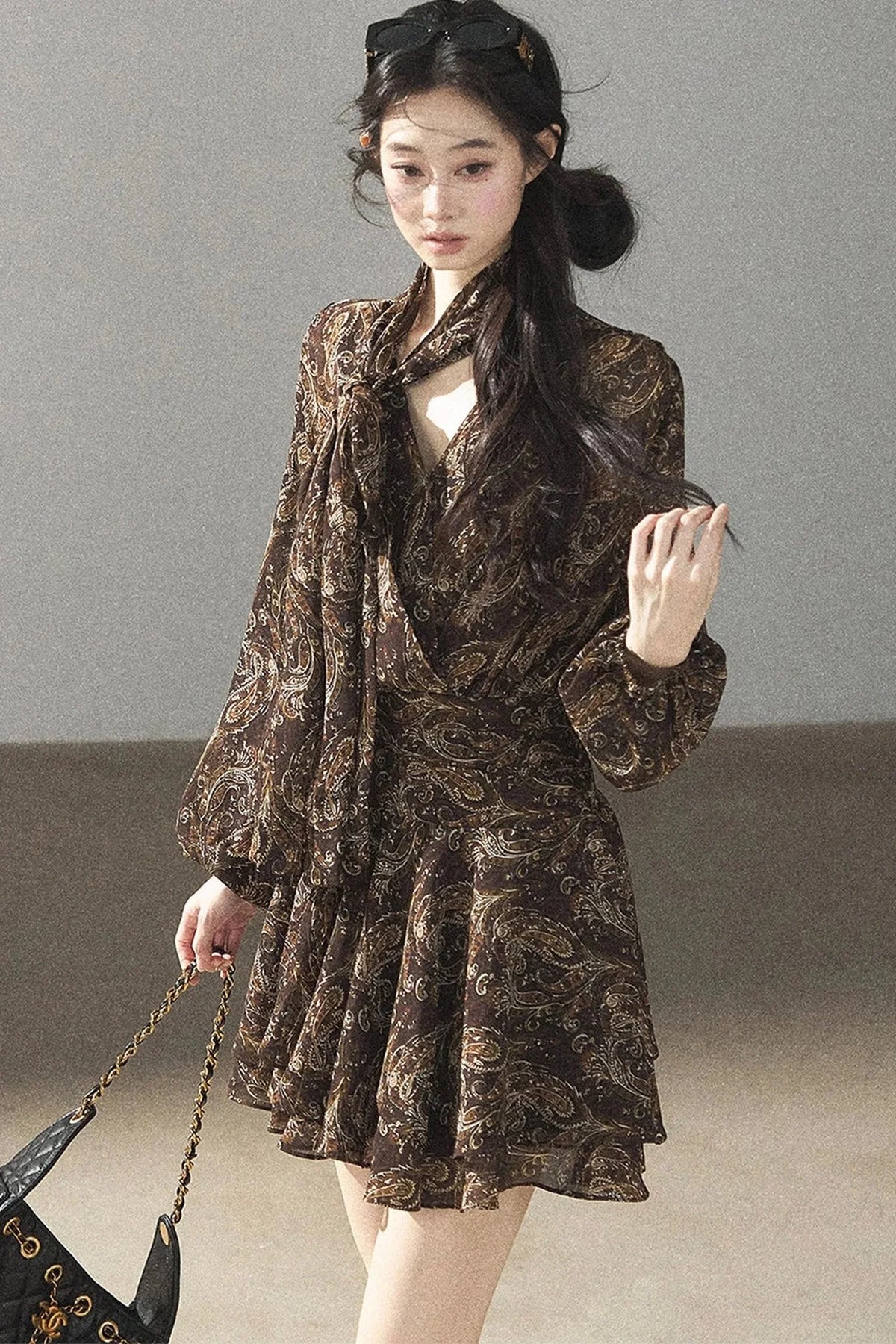 Long-Sleeve Puffy Chiffon Dress