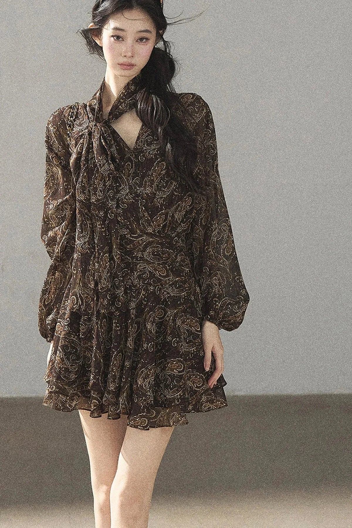 Long-Sleeve Puffy Chiffon Dress