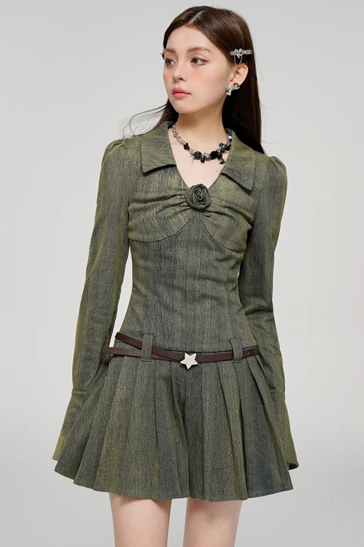Long Sleeve Rose Print Pleated Dress