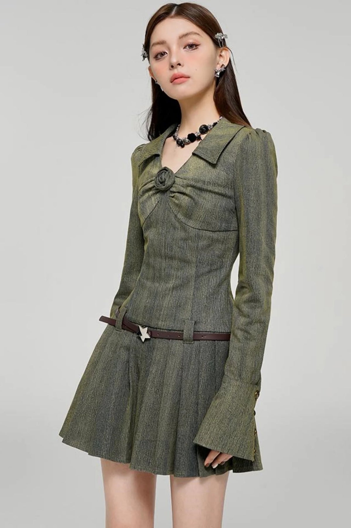 Long Sleeve Rose Print Pleated Dress