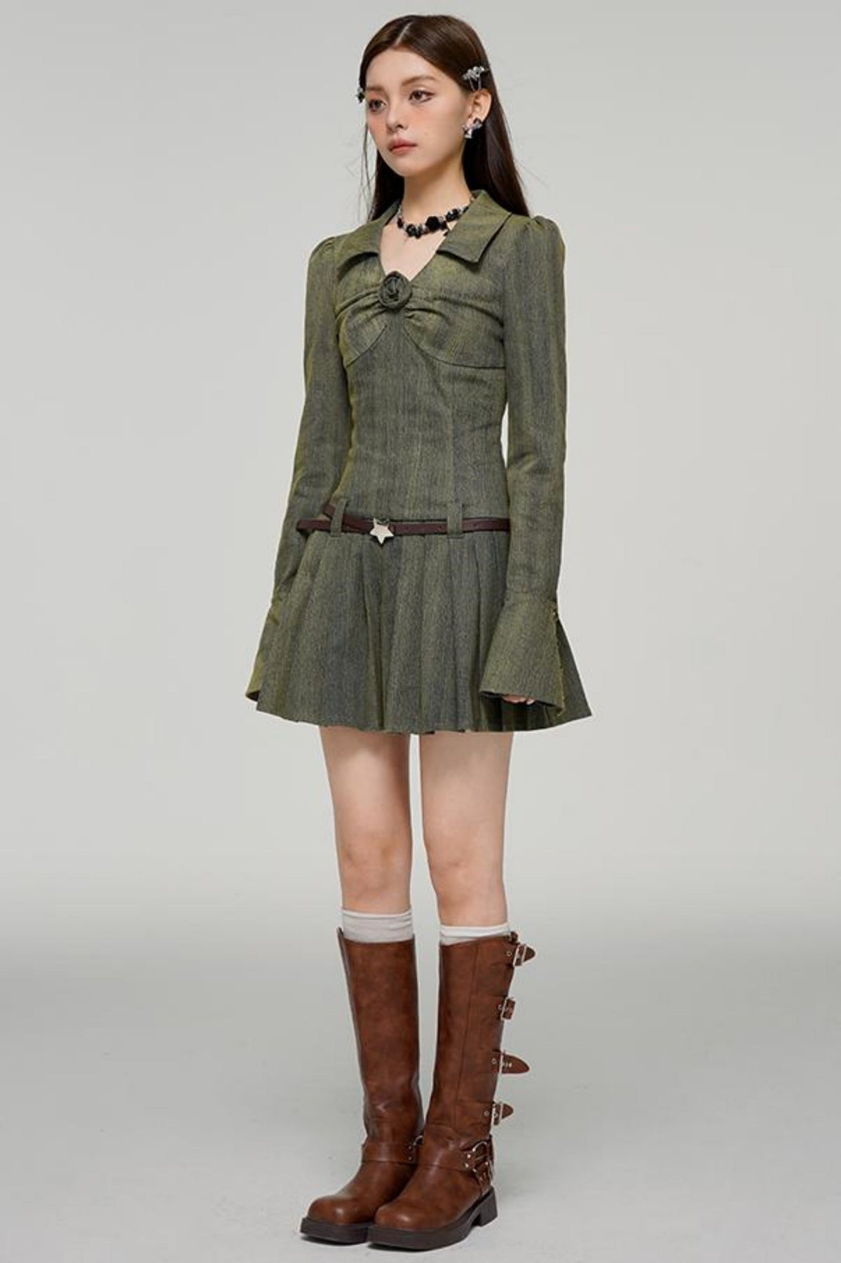 Long Sleeve Rose Print Pleated Dress