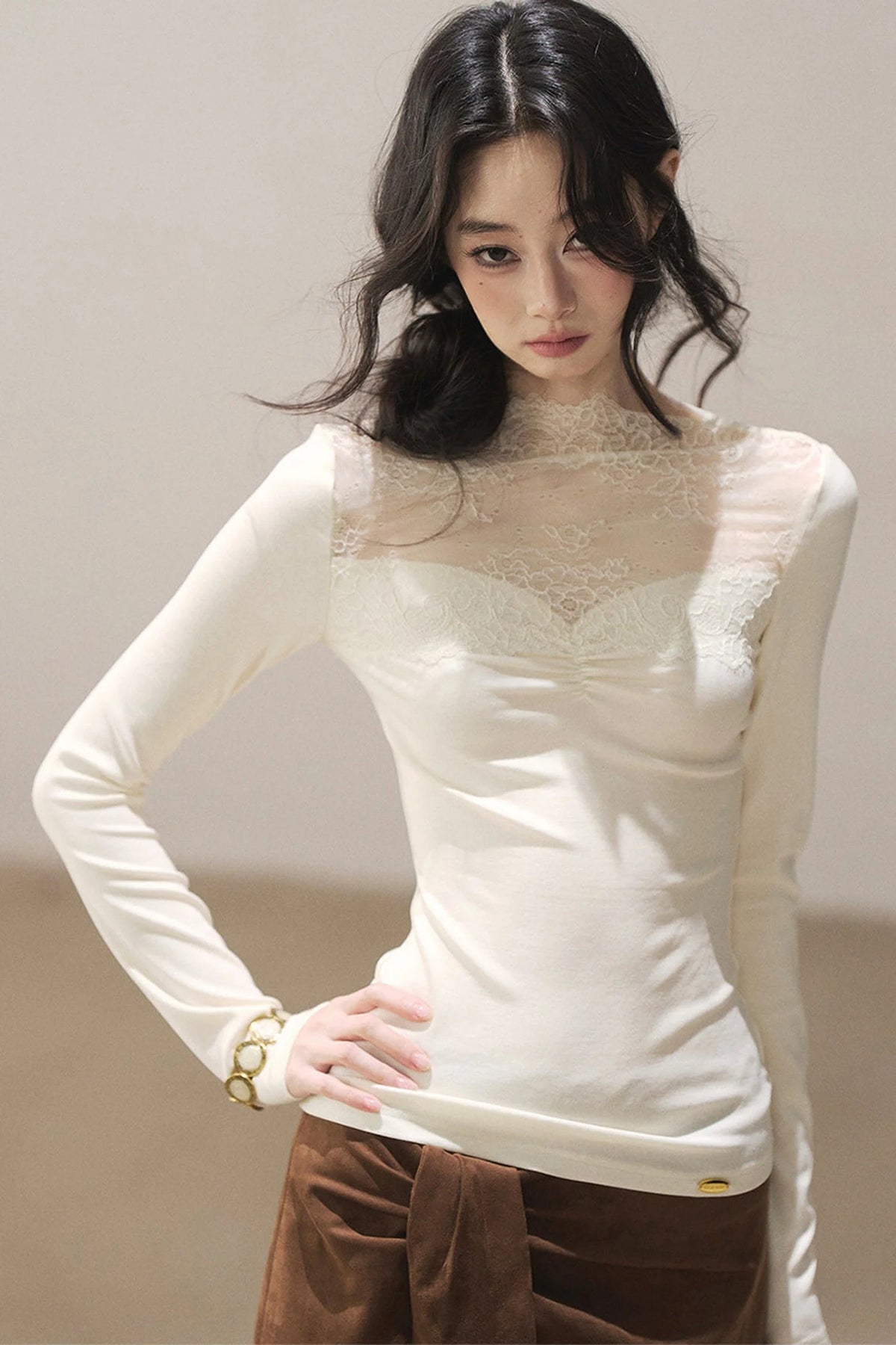 Long-Sleeved Lace Yoke Top