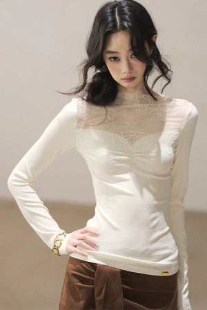 Long-Sleeved Lace Yoke Top