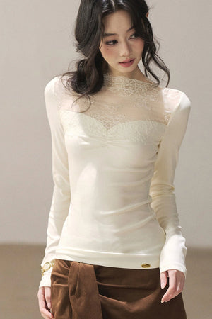 Long-Sleeved Lace Yoke Top