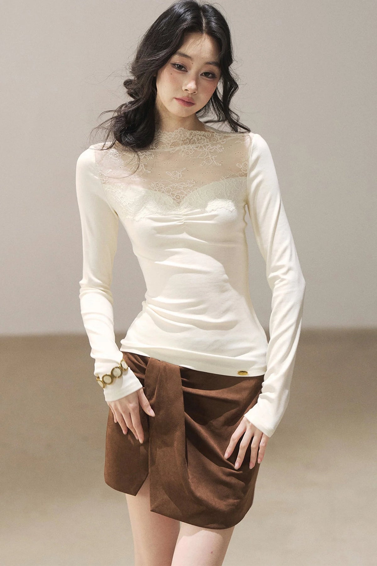 Long-Sleeved Lace Yoke Top