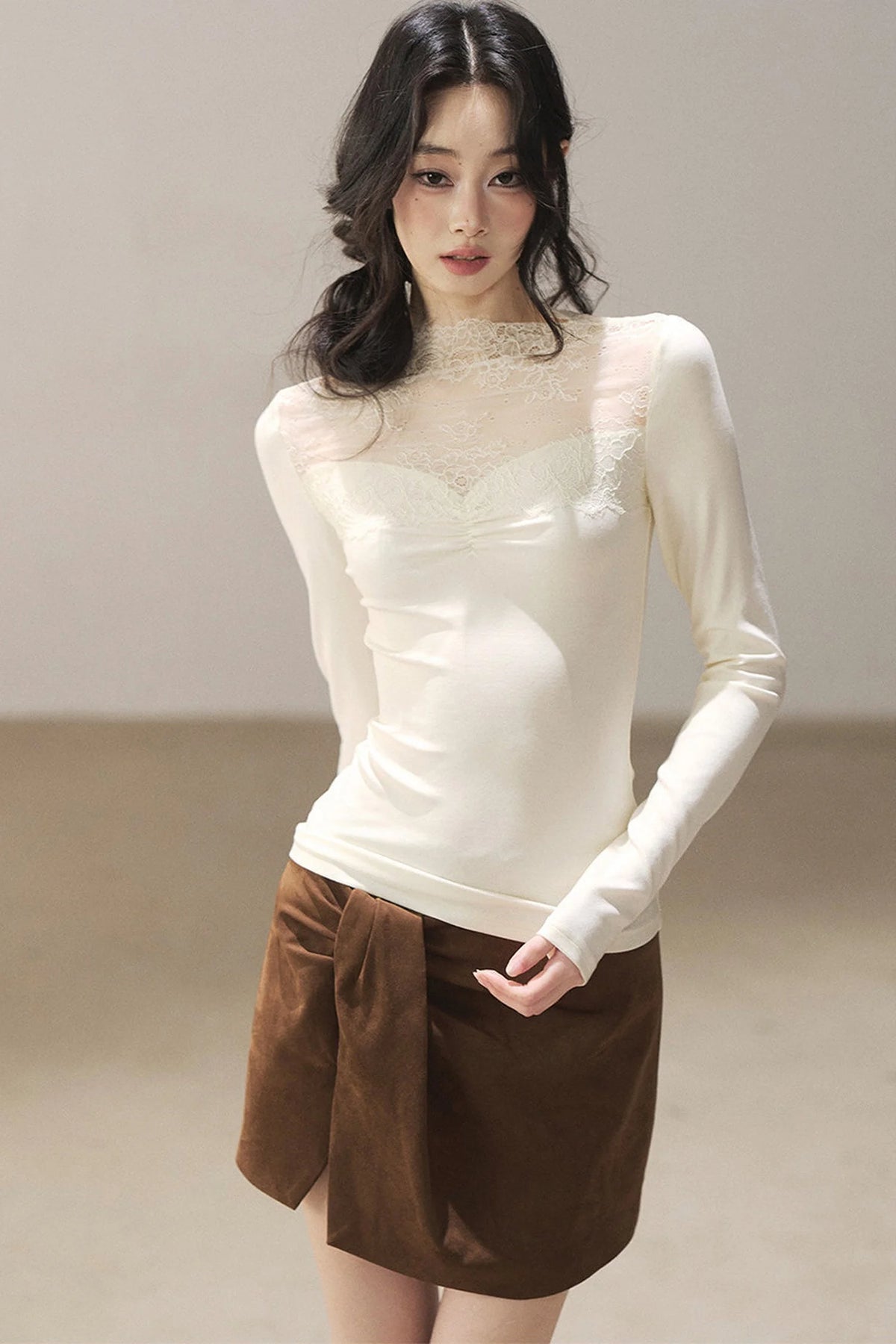 Long-Sleeved Lace Yoke Top