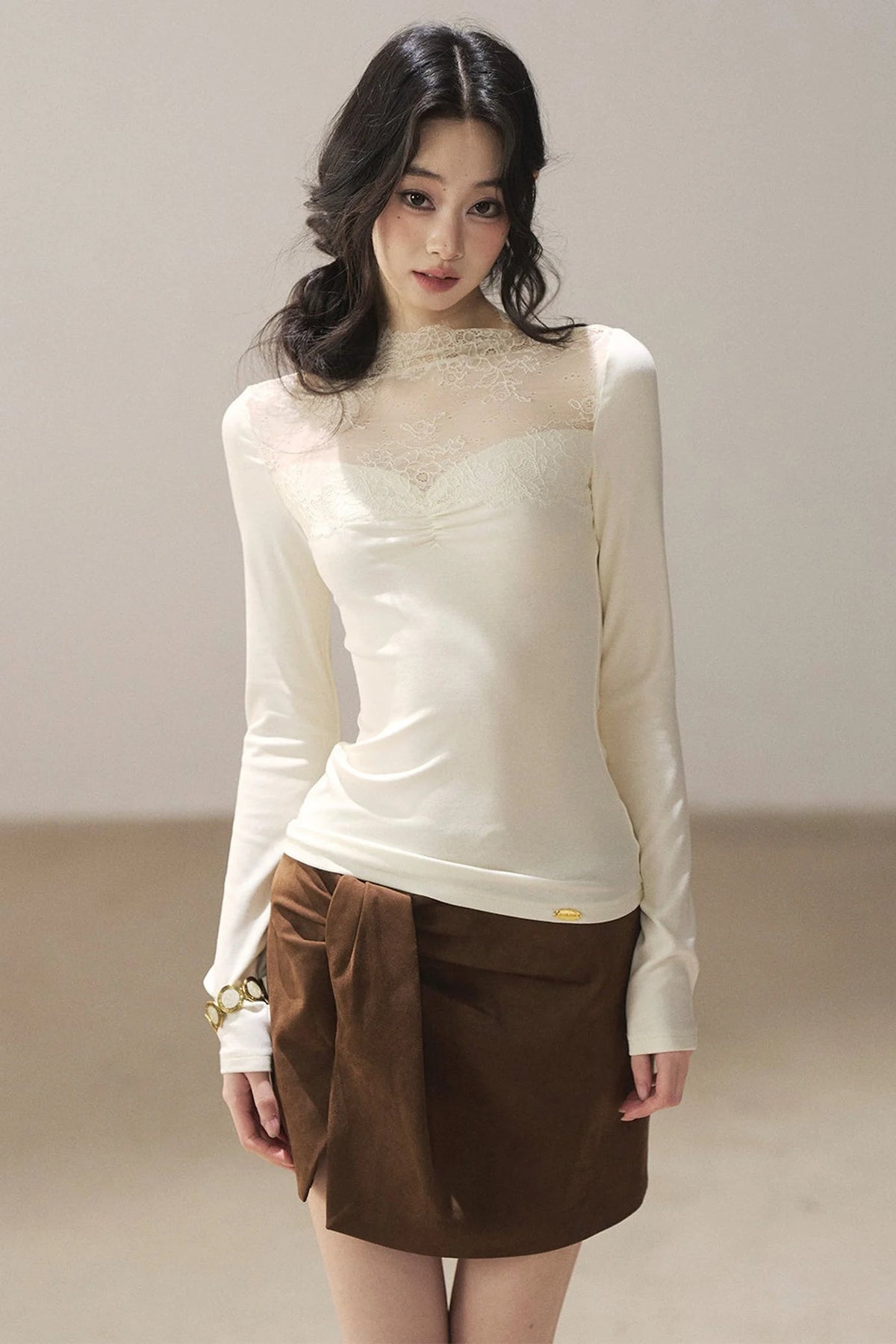 Long-Sleeved Lace Yoke Top