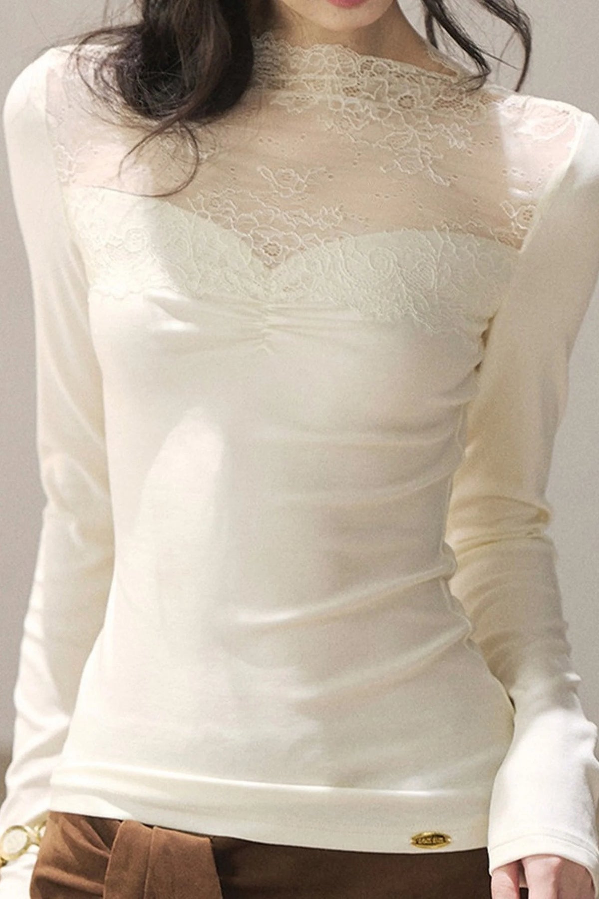Long-Sleeved Lace Yoke Top