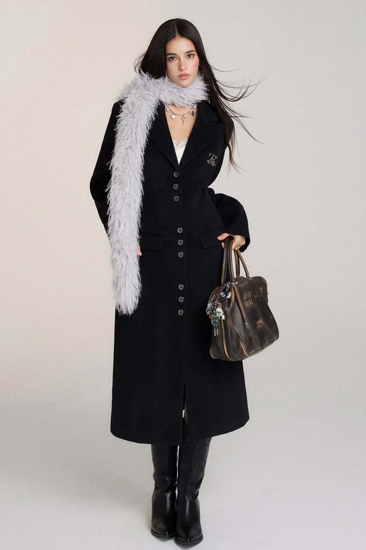 Long Suit Collar Tweed Coat