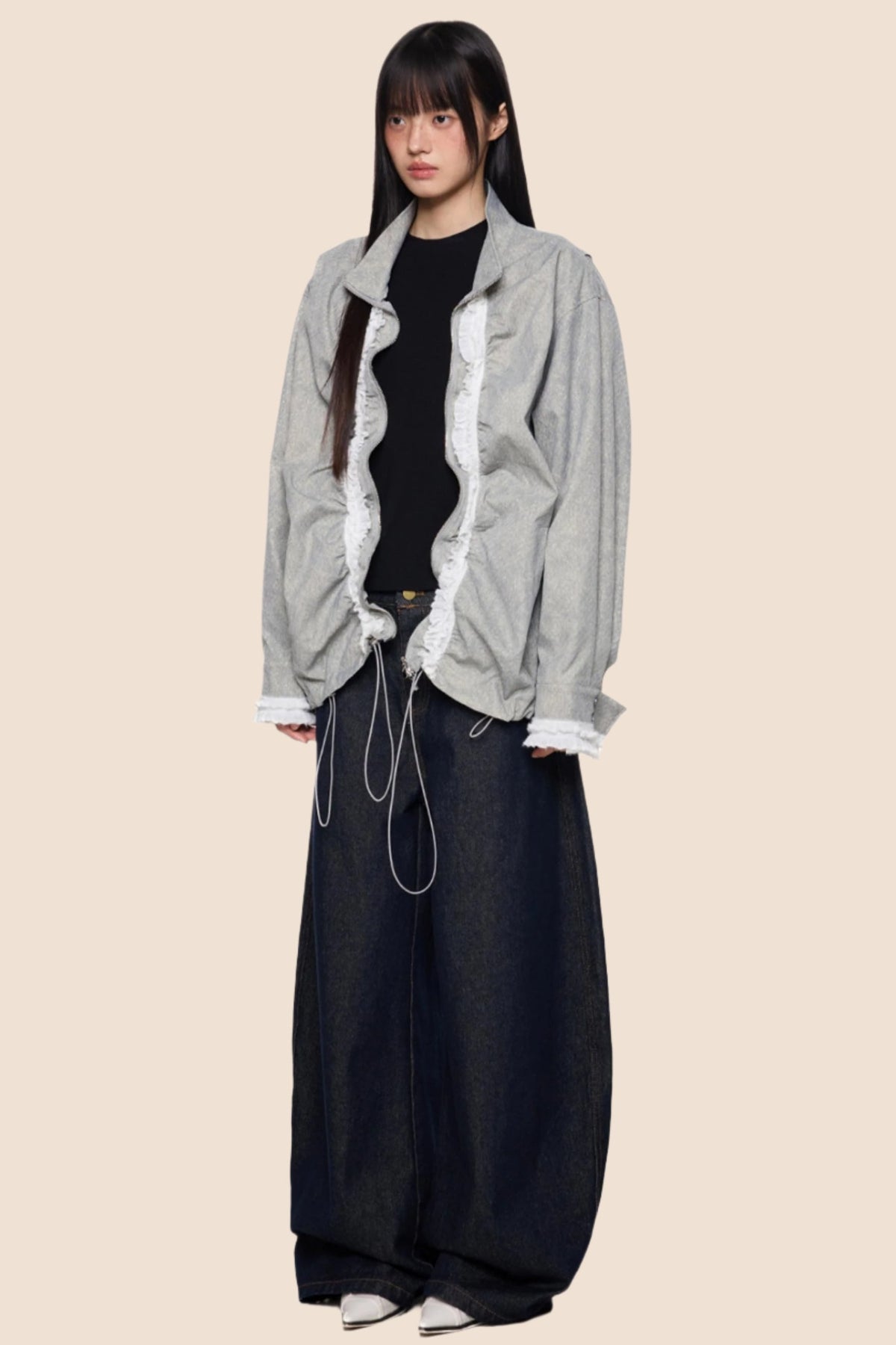 Loose Fit Pleated Lace Zip Jacket