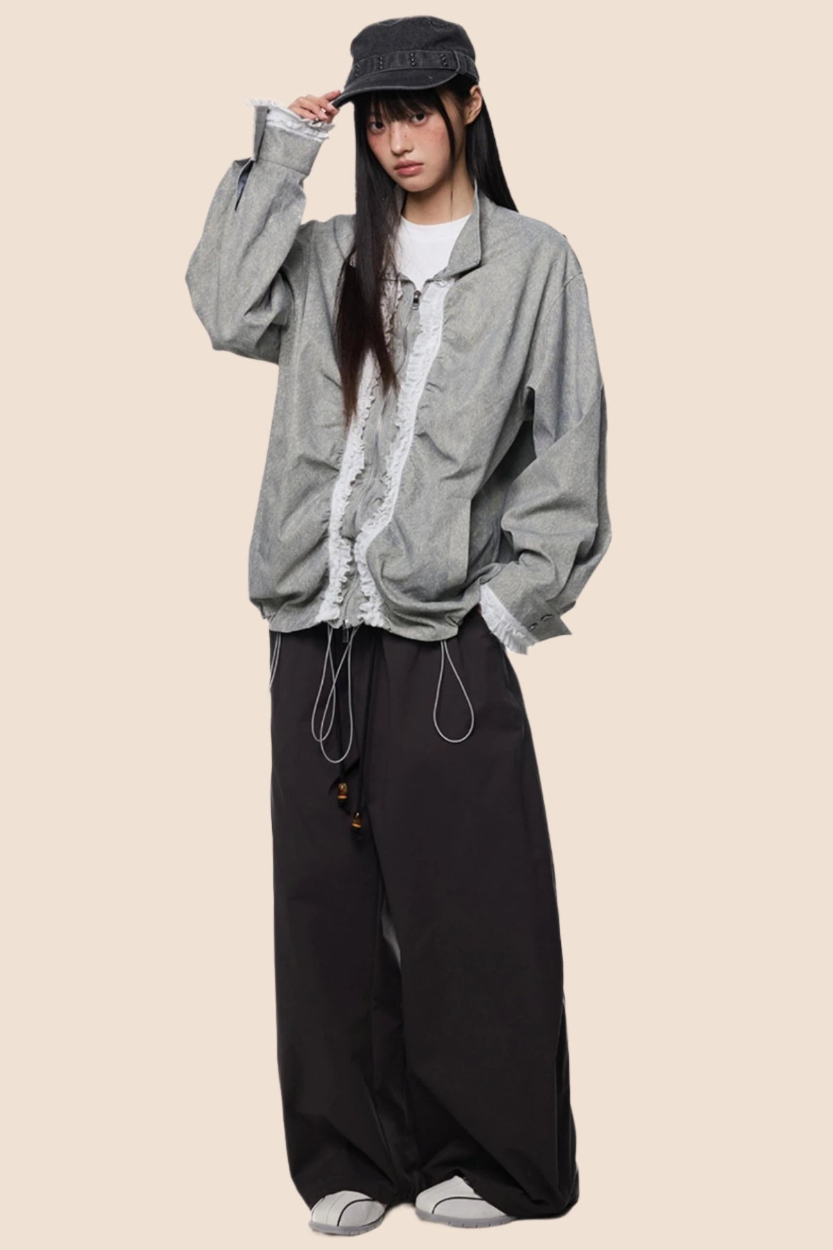 Loose Fit Pleated Lace Zip Jacket