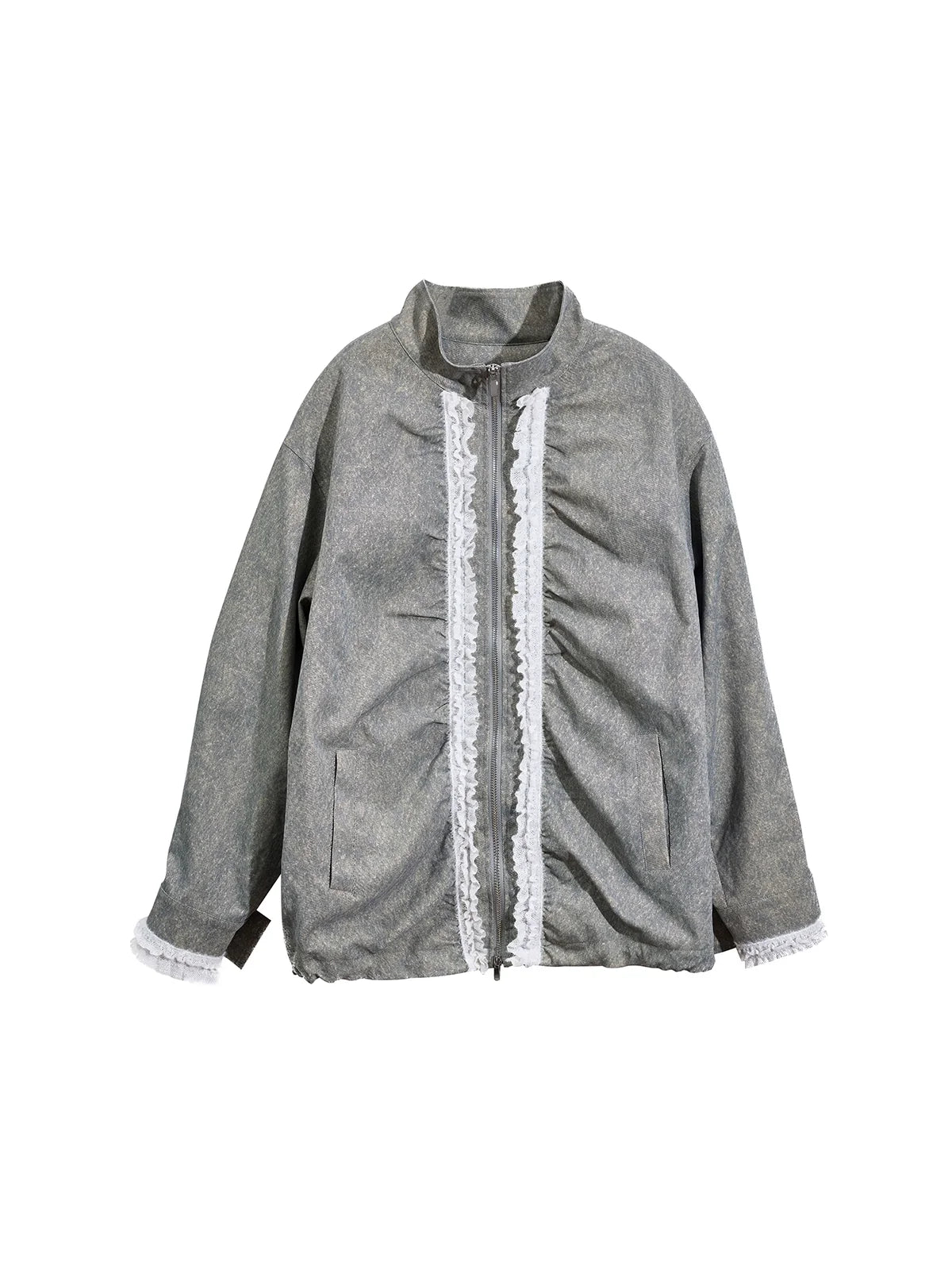 Loose Fit Pleated Lace Zip Jacket