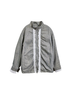 Loose Fit Pleated Lace Zip Jacket