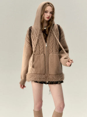 Loose hooded cable twist pattern thermal jacket