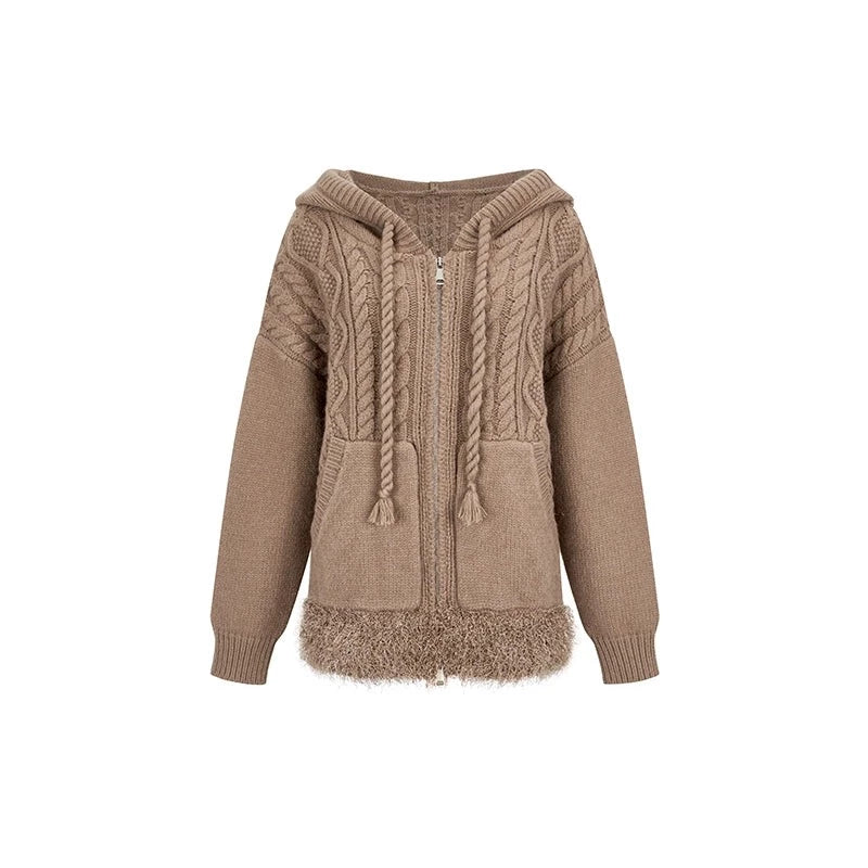 Loose hooded cable twist pattern thermal jacket