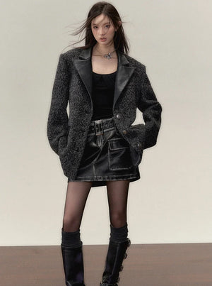 loose pu leather panel lapel blazer jacket