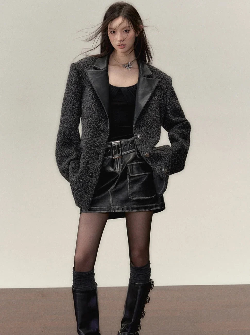 loose pu leather panel lapel blazer jacket