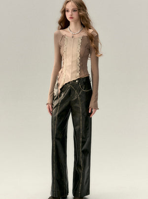 Loose rubbing pu leather pants