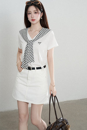Loose Short-Sleeved Striped Shawl T-Shirt and Denim Skirt Set-Up