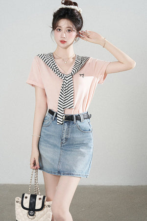 Loose Short-Sleeved Striped Shawl T-Shirt and Denim Skirt Set-Up