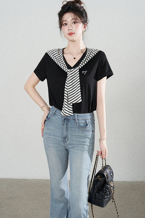 Loose Short-Sleeved Striped Shawl T-Shirt and Denim Skirt Set-Up