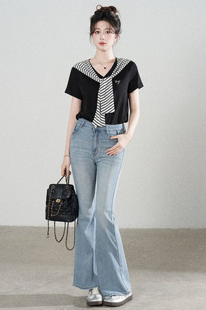 Loose Short-Sleeved Striped Shawl T-Shirt and Denim Skirt Set-Up