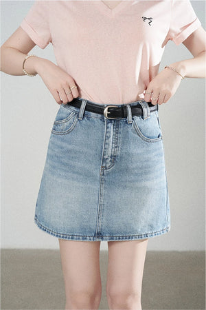 Loose Short-Sleeved Striped Shawl T-Shirt and Denim Skirt Set-Up