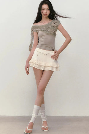 Low-Waist Acetate Pleated Tiered A-Line Skirt