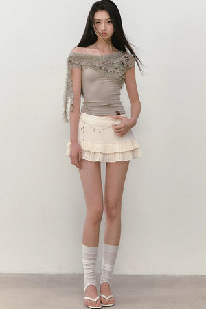 Low-Waist Acetate Pleated Tiered A-Line Skirt