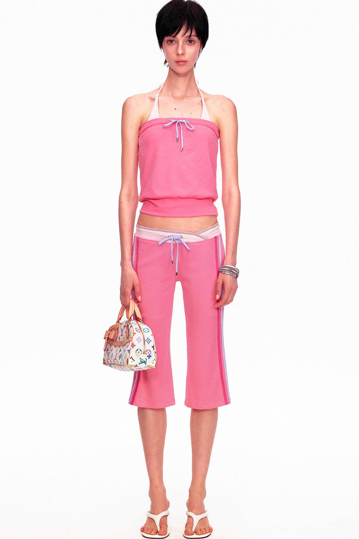 Low-Waist Color-Block Drawstring Knit Capri Pants