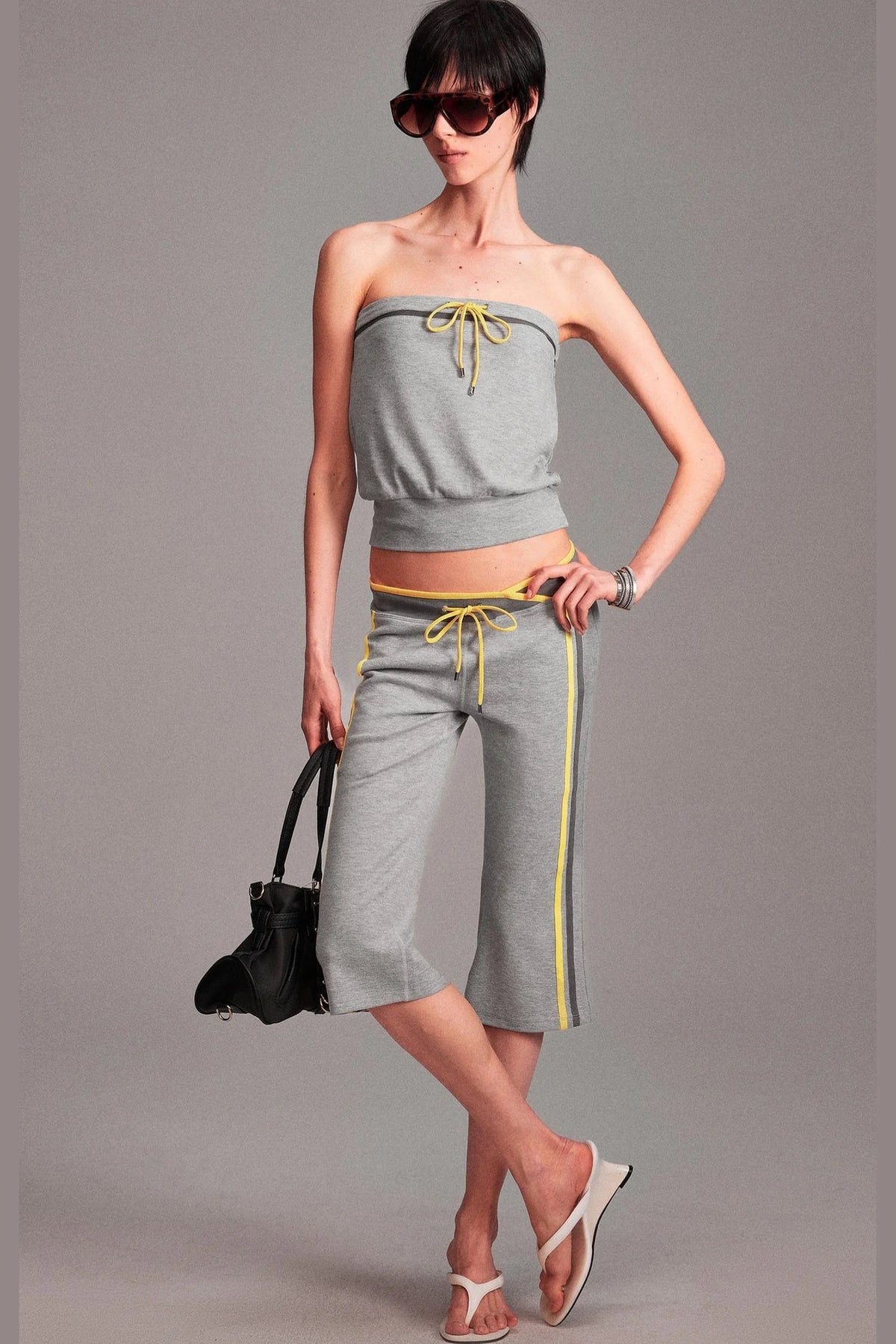 Low-Waist Color-Block Drawstring Knit Capri Pants