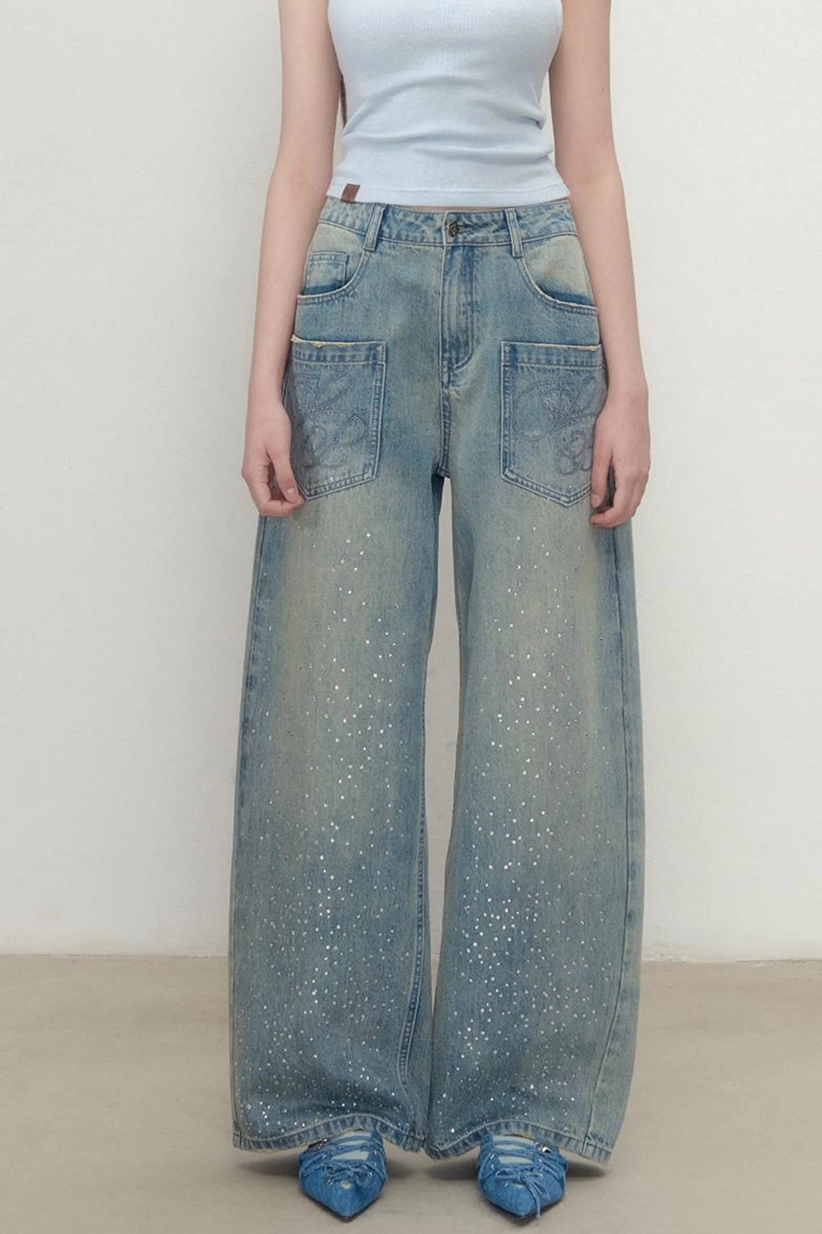 Luxe Rhinestone Wide-Leg Jeans