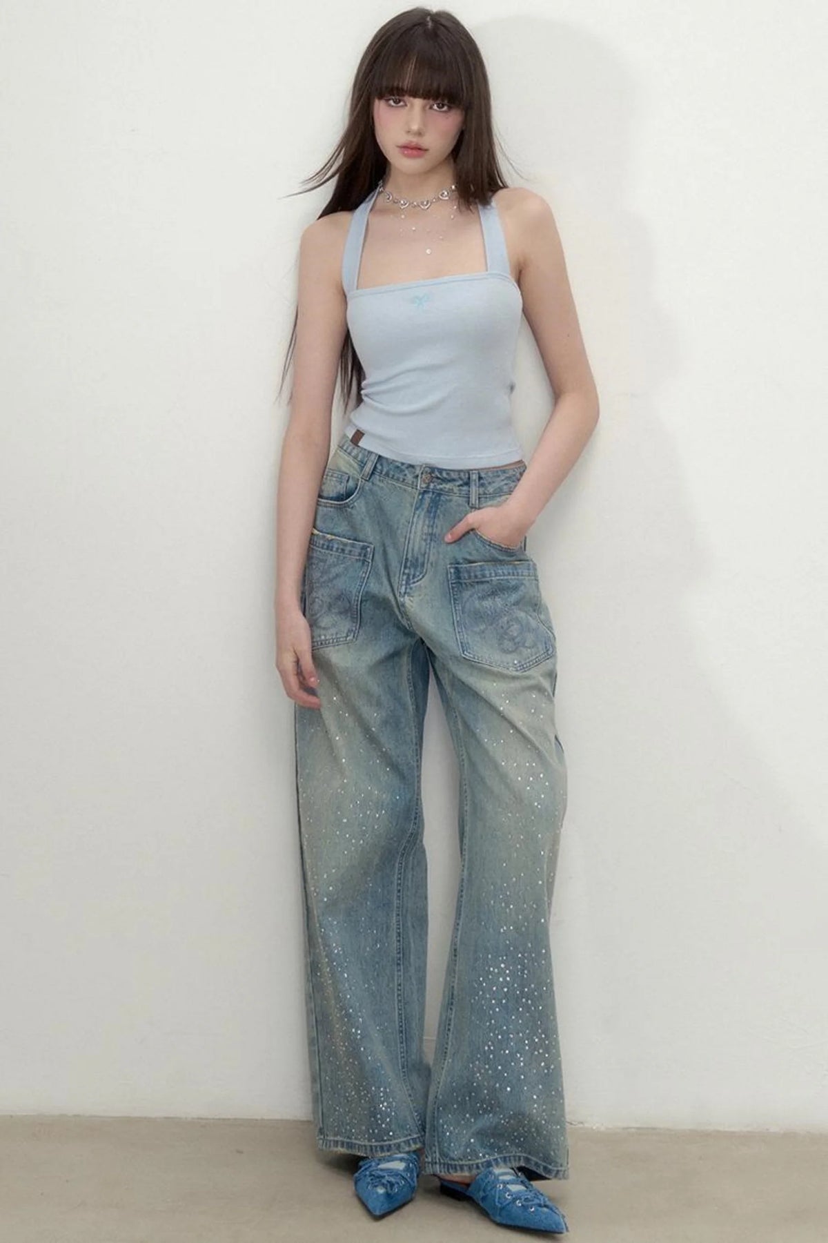 Luxe Rhinestone Wide-Leg Jeans