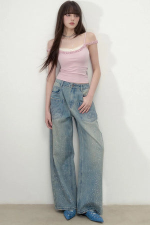 Luxe Rhinestone Wide-Leg Jeans